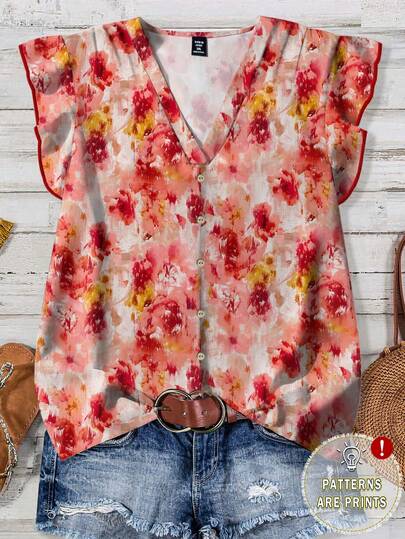 EMERY ROSE Blusa casual de mujer con cuello en V, botones y mangas cortas con estampado floral, adecuada para el verano, el Día de San Valentín y la primavera, tallas grandes