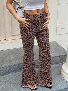 Livesso Fashionable Leopard Print Slim Fit Flare Leg Women Jeans - Brown - View 6