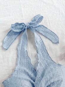 SHEIN 少女纯色纹理扭结露背上衣 - 藍色 - 查看 3