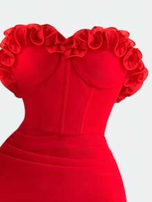 Olithes Đầm ôm sát eo xếp ly bằng vải organza viền hoa dành cho nữ - màu đỏ tươi - Xem 6