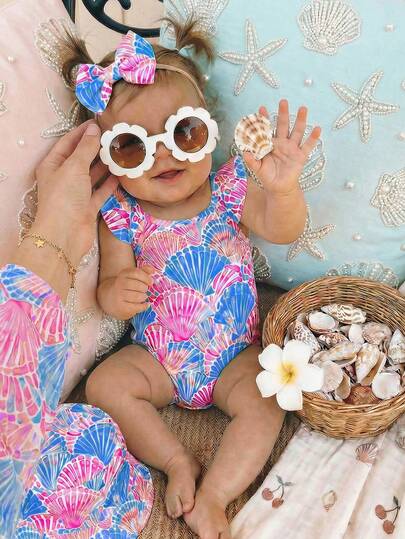 SHEIN Baby Girls Casual Minimalist Fitted One-Piece Swimsuit, Suitable For Summer