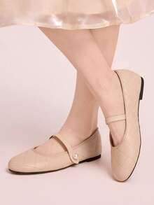 CUCCOO DOLLMOD Apricot Flat-Bottomed Commuter College Style Women's Fashion Simple Rhombus Pattern Shoes Women's Slip-On Versatile Ballet Shoes Mary Jane Spring Shoes - Pink - View 3