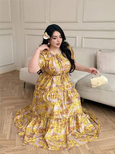 Vibekara Plus Size Women Floral Print Front Tie Short Sleeve Elegant Dress Curve Summer Dresses Tea Party Dress Curve Plus Size Floral Dress