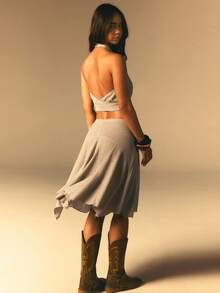 Athîral 女士休闲V领吊带上衣和针织裙两件套，适合度假穿着 - 卡其色 - 查看 2