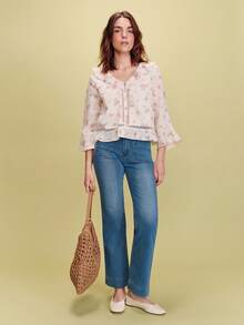 lacRébo Romantic White Blouse With Embroidered And Printed Pink Flowers, Ruffled, Cute Top Spring Summer French Style Parisian Style Flower Top Going Out Picnic Outfit Vacation Top Office Outfit - White - View 5