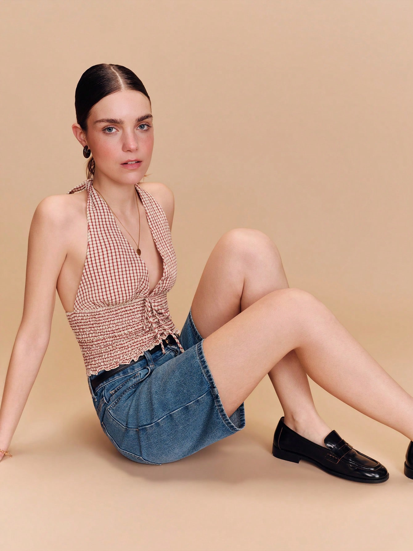 Burgundy Plaid Tank Top With A Tie-Around-The-Neck Detail And A Smocked Waist Cute Vacation Top Holiday Top Spring Summer French Style Parisian Style Womens Summer Outfits Retro Outfit For Women