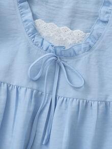 GlowEve Casual Cute Lace Patchwork Hem & Flutter Sleeve Solid Color Blouse For Women, Blue - Baby Blue - View 6