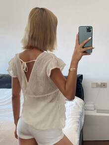 DAZY Women's Solid Color V-Neck Ruffle Casual Fashionable Blouse - White - View 6
