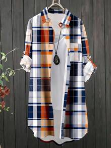 INAWLY Áo cánh rộng rãi, đơn hàng, kẻ caro, tay áo cuộn, cỡ lớn dành cho nữ - Nhiều màu - Xem 1