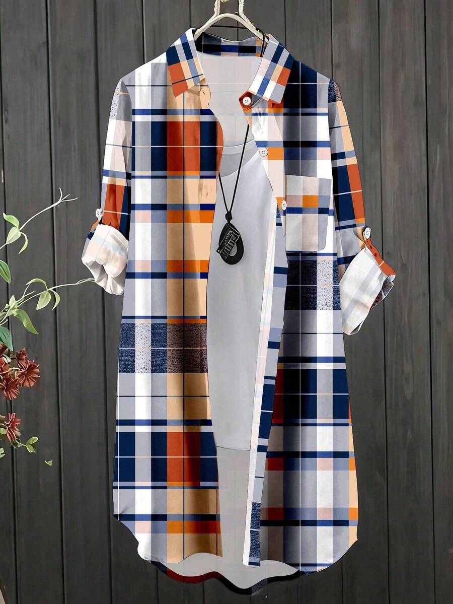 INAWLY Áo cánh rộng rãi, đơn hàng, kẻ caro, tay áo cuộn, cỡ lớn dành cho nữ - Nhiều màu - Xem 1