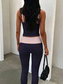 SHEIN EZwear 女士新款撞色系带吊带背心和喇叭裤套装，适合春夏穿着 - 藏蓝色 - 查看 6