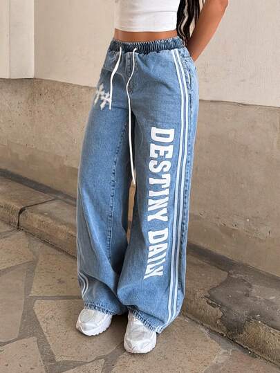 StreetHx Women's Fashionable Casual Sporty Printed Wide Leg Straight Jeans