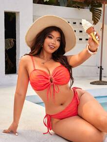 Swim Vcay Plus Size Women 2pcs/Set Random Print Spaghetti Strap Sexy Beach Vacation Bikini Swimwear - Multicolor - View 3