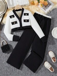2 件套女孩都市优雅通勤贵族奢华黑白撞色夹克和通勤长裤套装 - 黑與白 - 查看 3