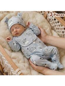 Loomiva 新生女宝宝三件套：卡通大象印花针织柔软圆领长袖连体衣和帽子 - 彩色 - 查看 3