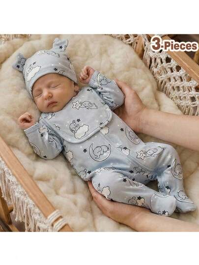 Loomiva Newborn Baby Girl 3-Piece Set: Cartoon Elephant Print Knit Soft Crew Neck Long Sleeve Jumpsuit And Hat