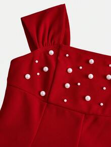 SHEIN 少女优雅串珠无袖宽肩带褶皱喇叭形红色长款连衣裙，派对礼服，女童正式礼服，中长连衣裙，方领连衣裙，红色中长连衣裙，优雅连衣裙 - 紅色 - 查看 10