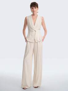 Aalyst Bộ trang phục nữ mùa xuân/hè cho buổi hẹn hò/dạo chơi, dịp năm mới, Lễ tình nhân, Lễ Phục sinh, Ngày của Mẹ, lễ cưới kiểu Trung Đông, thanh lịch, thoải mái, đi làm, nghỉ dưỡng, áo không tay cổ bẻ buộc eo bằng vải lanh + quần dài ống đứng xếp ly, có túi, màu mơ, màu vải lanh. - Màu be - Xem 5
