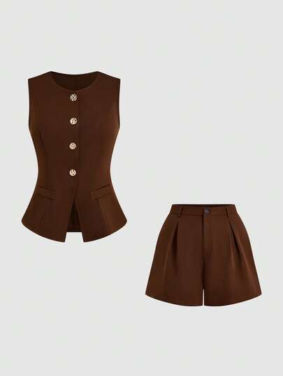 Sweetra Metal Buckle Decor Vintage Vibe Round Neck Single-Breasted Sleeveless Vest & High Waist Casual Wide Leg Shorts 2 Pieces Set