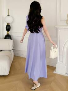 SHEIN Đầm dài màu tím trơn, trễ vai, thanh lịch, thời trang, quyến rũ, gợi cảm, phù hợp cho tiệc sinh nhật, bữa tối, sự kiện buổi tối, giải trí và thư giãn. - Màu tím - Xem 2