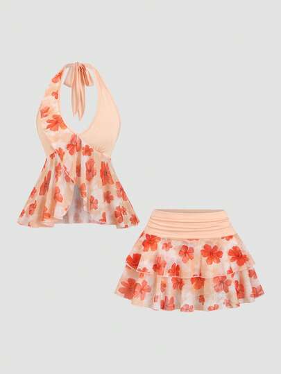 Sweetra Women's French Vacation Style Casual Comfortable Yellow Sleeveless Halter Neck Printed Top & Pleated Waist Ruffle Hem Short Skirt 2-Piece Set, Spring/Summer