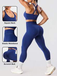 Solea Cove Royal Blue Summer Athleisure Gym Seamless Yoga Set,No See-Through Square Neck Sports Bra And Scrunch Leggings,Buttery Soft 2 Piece Workout Set - Navy Blue - View 1