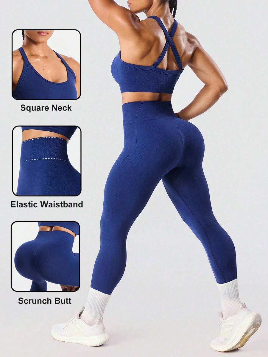 Solea Cove Royal Blue Summer Athleisure Gym Seamless Yoga Set,No See-Through Square Neck Sports Bra And Scrunch Leggings,Buttery Soft 2 Piece Workout Set - Navy Blue - View 1