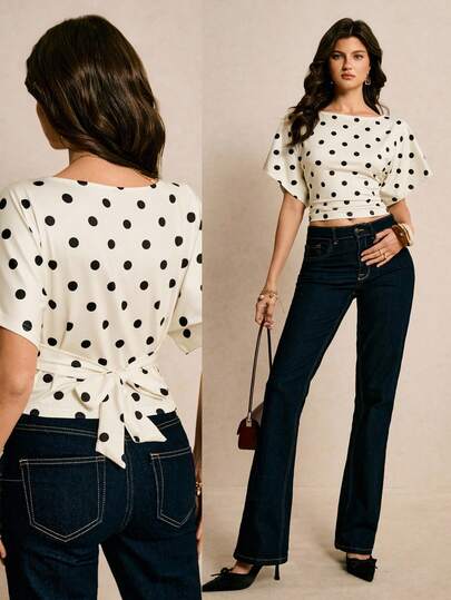 Poéselle Women's Elegant Polka Dot Print Cinched Waist Batwing Sleeve T-Shirt, Going Out Top, Summer , Casual For Women , Summer For Women, Suitable For Daily, Office, And Vacation Wear, Spring/Summer
