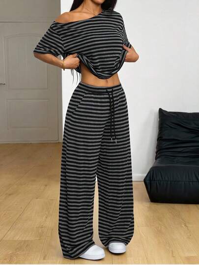 SHEIN PETITE Conjunto informal de 2 piezas con top asimétrico de hombros y pantalones de pierna ancha con cordón en la cintura para mujer