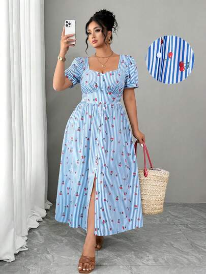 Elenzga Plusstorlek randig körsbärsmönstrad klänning för kvinnor, söt och elegant avslappnad semesterromantisk klänning, strandklänning