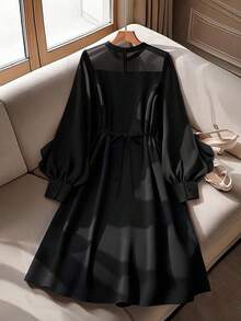 GlowEve CURVE 加大码黑色3D立体花卉褶皱长袖连衣裙 - 黑色 - 查看 2