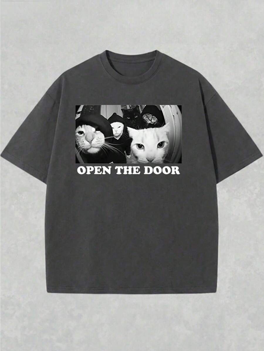 Glimmora 字母猫咪印花圆领休闲百搭短袖T恤 - 深灰色 - 查看 1