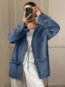 Livesso Women's Lace-Up Loose Denim Jacket, Autumn - Dark Wash - View 3