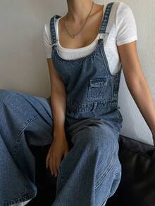 Livesso 女士口袋设计宽松休闲牛仔连体裤 - 深色水洗藍 - 查看 2