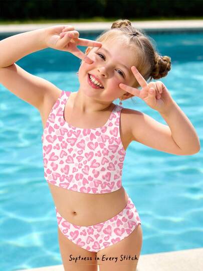 SHEIN Sweet Young Girl's Pink Heart & Leopard Print Pattern Casual Minimalist Camisole & Triangle Bikini Swimwear Set, Suitable For Summer Vacation, Beach, Pool, Hot Spring