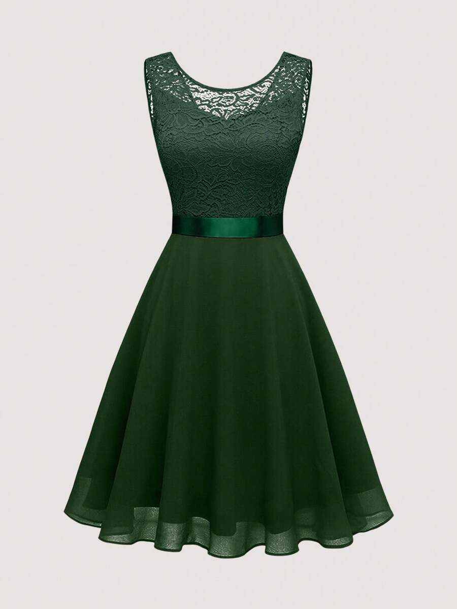 Olithes Women's Sleeveless Pink Lace Dress, Summer - Dark Green - View 1