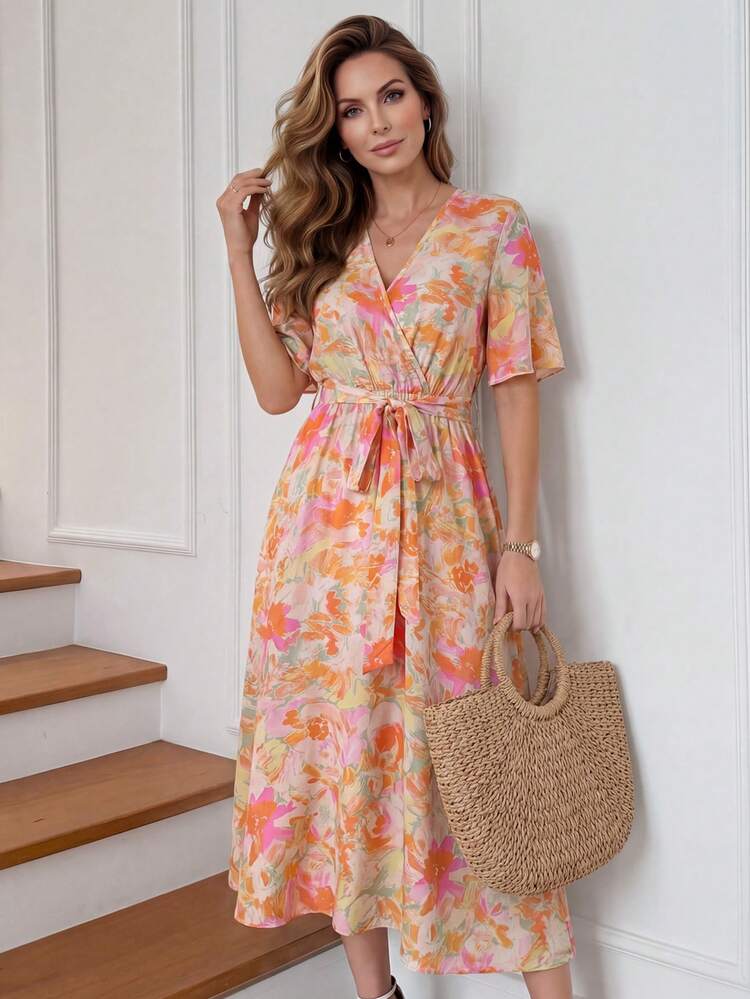 Floral Print Flower V Neck Tie Waist Flowy Midi Dress Elegant Casual Summer Beach Vacation Outfit Floral Dress Flower Print Summer Dress Beach Dress Vacation Dresses Casual Dresses For Women Elegant Dresses For Women,Summer Holiday Outfits,Graduation Outfit For Mother Floral Long Dress,Summer Outfits For Women