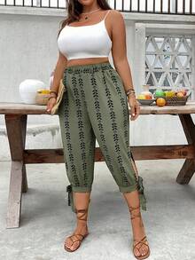 Breezaya Plus Size High Waist Drawstring 7/8 Pants, Spring/Summer - Army Green - View 6
