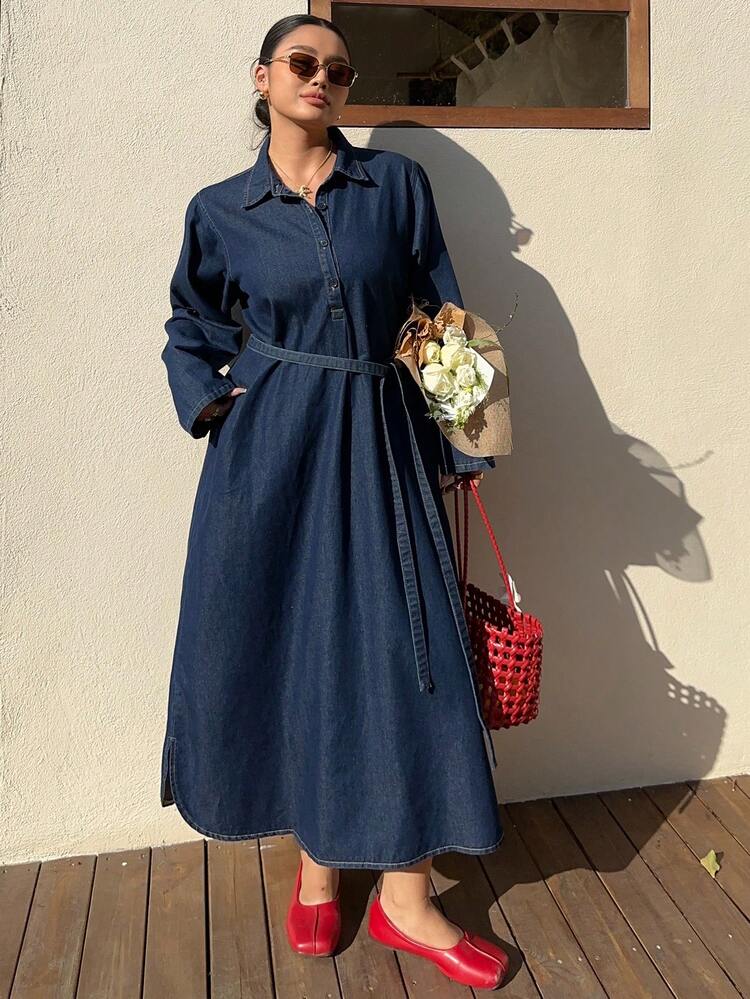 casual turndown collar zipper waist buckle denim maxi dress Women's Turndown Collar Sleeveless Long Denim Dress, Spring/Summer