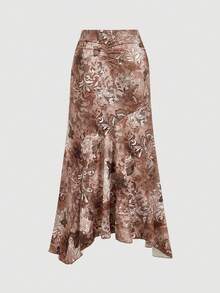 SHEIN MOD Spódnica midi w dużym rozmiarze z falbanką i asymetrycznym dołem w kolorze brązowym, spódnica wiązana, spódnica kopertowa, asymetryczna spódnica w kolorze brązowym - Brązowy - Zobacz 5