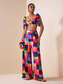 Zivah 2026春夏新款波西米亚度假风彩色格纹印花吊带背心+高腰阔腿裤两件套。适合度假、旅行、西部风情、海滩、游牧生活、约会、情人节、婚礼季、海滩、节日、日常出行、派对、购物、机场穿搭和早午餐穿搭。女士多色两件套夏季套装，夏季两件套，节日两件套。 - 彩色 - 查看 8