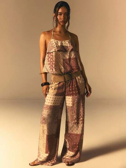 Athîral Áo nữ kiểu dáng thường ngày, cổ yếm, hở lưng, in họa tiết hoa điều, thích hợp cho kỳ nghỉ.