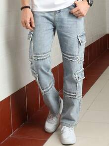 Logeqi® Jeans Vaquero Lavado Versátil Baggy Sueltos Multi-Bolsos Streetwear Casual De Hombre de Color Azul Claro - Azul - Ver 13