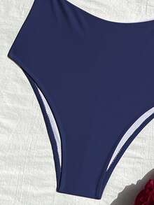 SHEIN Swim 纯色优雅无袖高腰可调节肩带连体泳衣，女士，春夏款 - 藏蓝色 - 查看 4