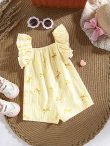 Baby Girl Summer Cute Yellow & White Striped Bow Ruffle Romper - Yellow - View 6