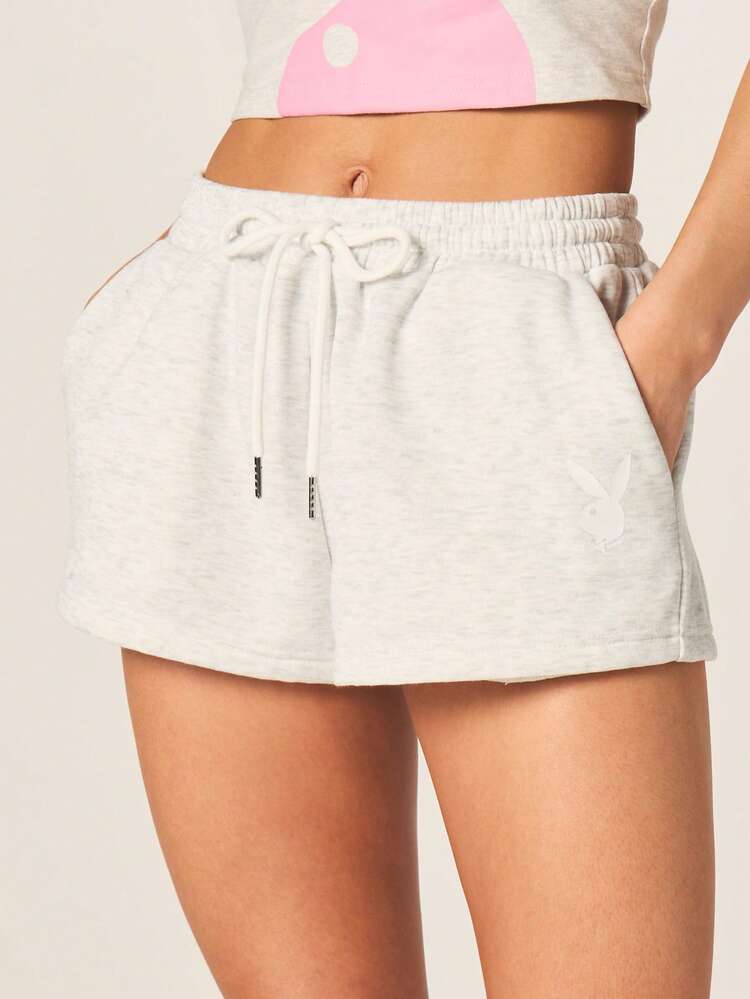 Missguided x Playboy Women's Vintage Style Applique Number Jogger Shorts With Drawstring Waist Casual Summer Athletic Shorts Light Grey , Fourth Of July