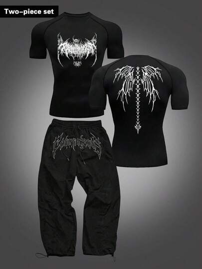 Manfinity Sport Corelite Conjunto deportivo de camiseta y pantalones con estampado de espinas para hombre, conjunto de gimnasio, conjunto de entrenamiento, camiseta de compresión para hombre