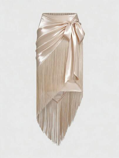 Franclia Falda casual de estilo bohemio con cintura elástica de unicolor, bajo irregular, parches y flecos, adecuada para vacaciones, uso diario, festivales de música y fiestas, talla grande