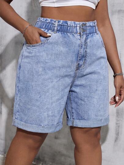 SHEIN Tall CURVE 大码女式休闲日常口袋纽扣牛仔短裤