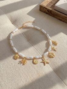 Resyla 1 件女士时尚海洋风格吊坠项链，带人造珍珠，适合日常佩戴、海滩度假、约会、摄影 - 仿珍珠+海星 - 查看 2